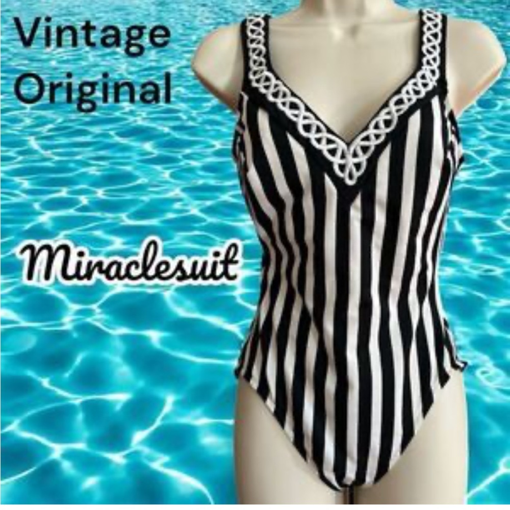 Miraclesuit Swimsuit Size 16 Black & White Stripe One Piece Flattering Classic